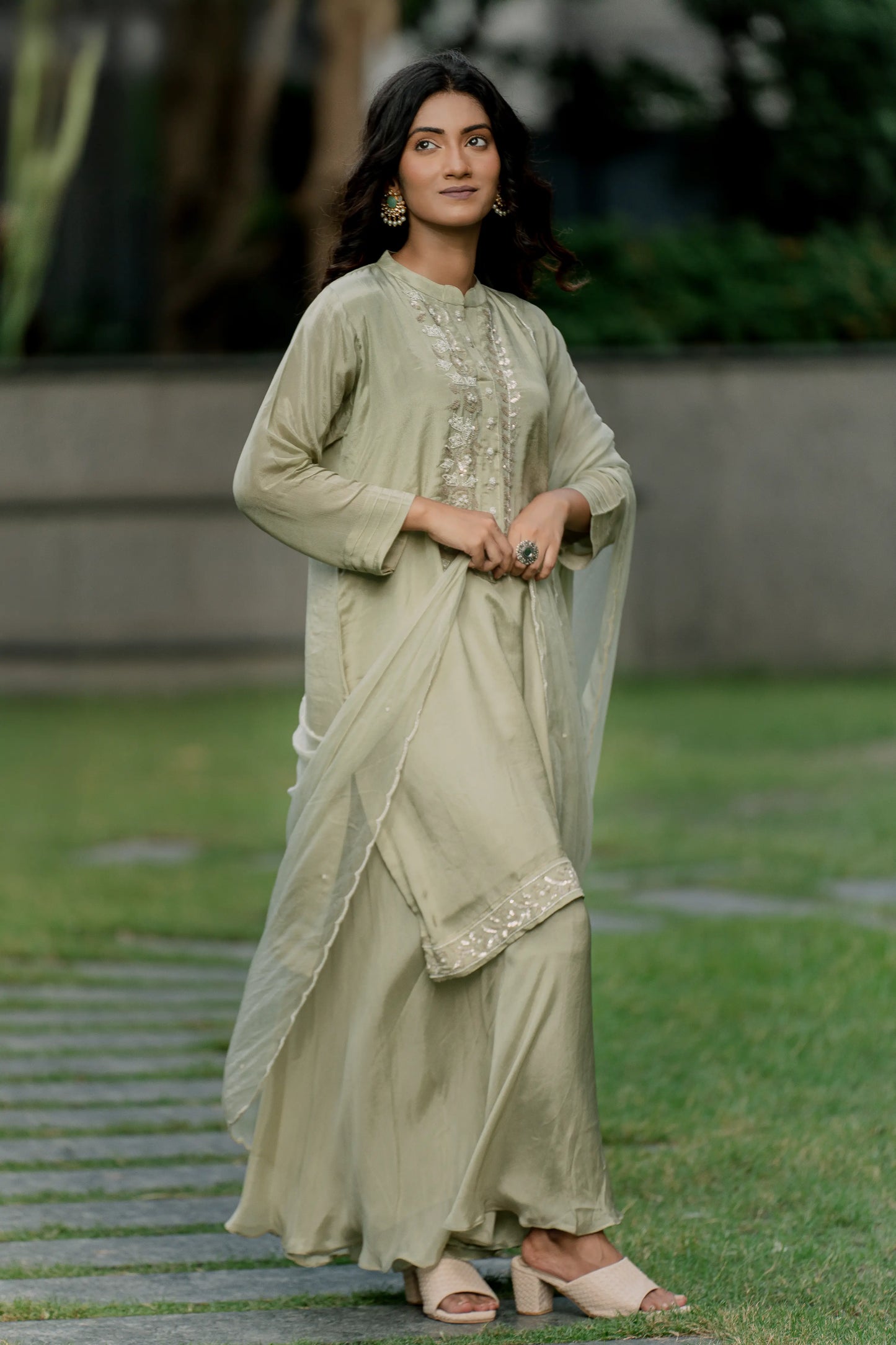 Olive Mist - Top with Palazzo Pant and Dupatta