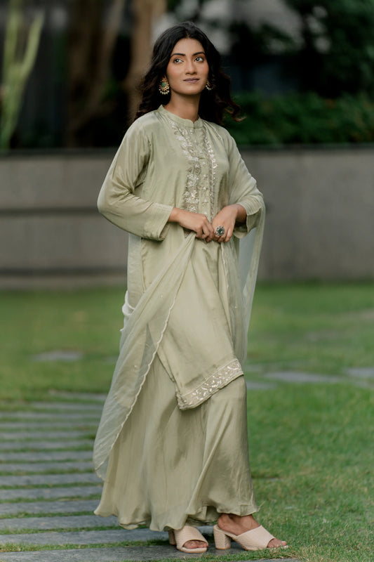 Olive Mist - Top with Palazzo Pant and Dupatta