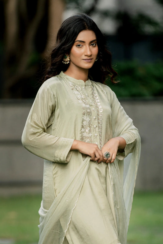Olive Mist - Top with Palazzo Pant and Dupatta