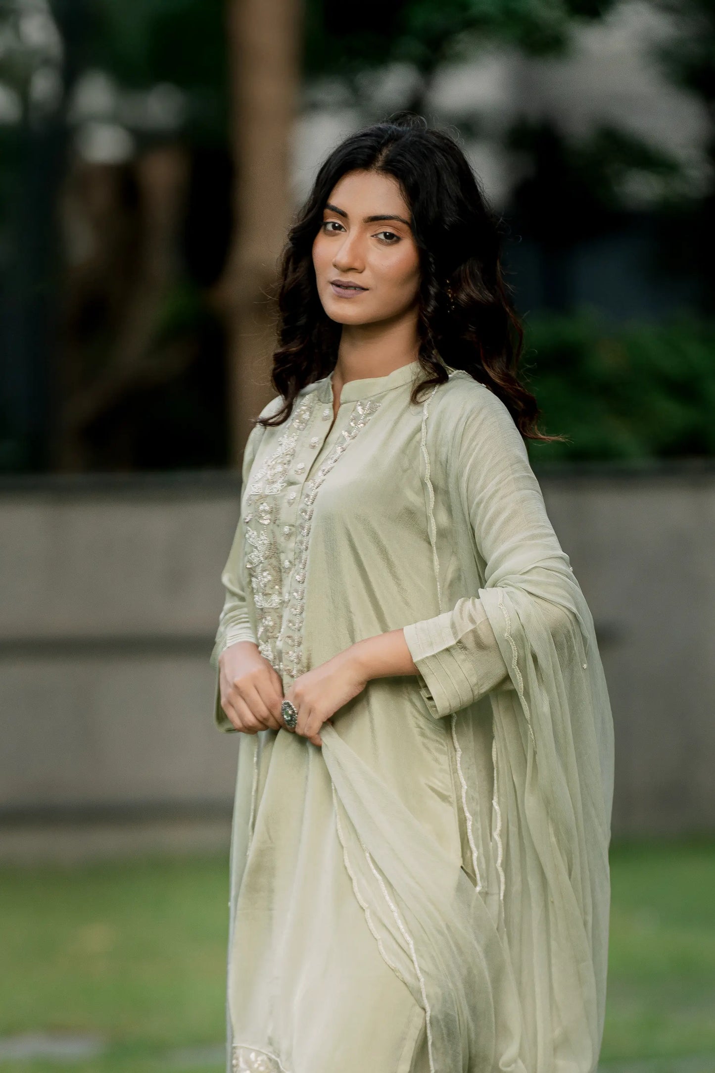 Olive Mist - Top with Palazzo Pant and Dupatta