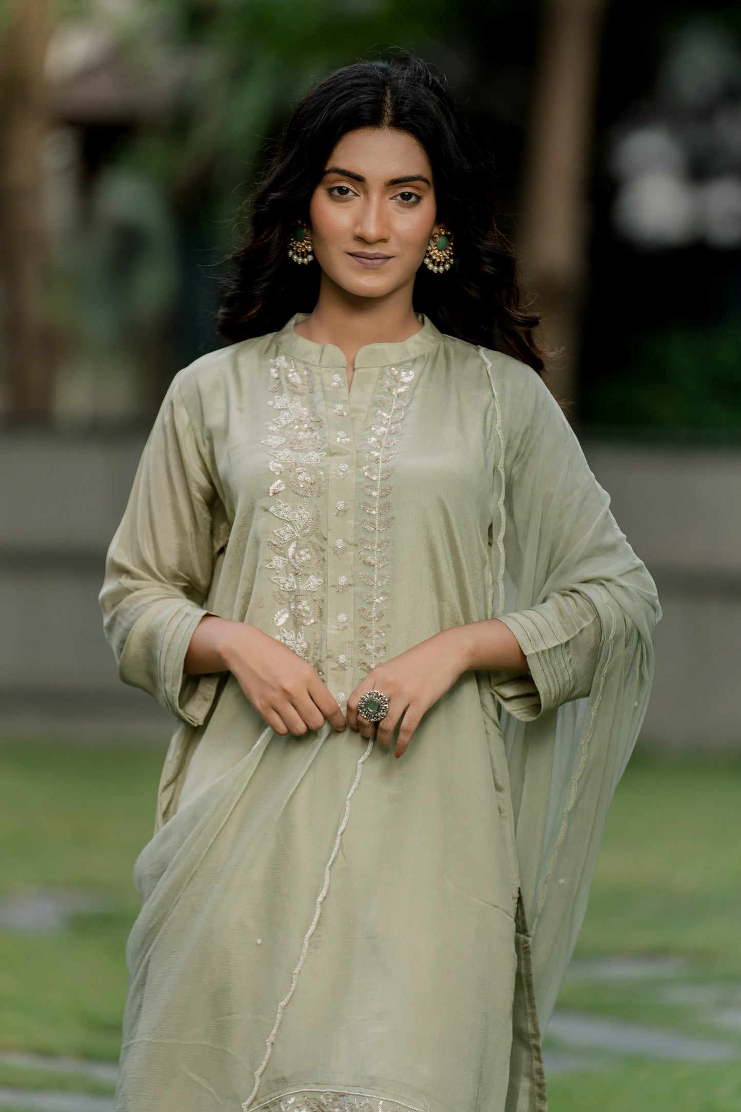 Olive Mist - Top with Palazzo Pant and Dupatta