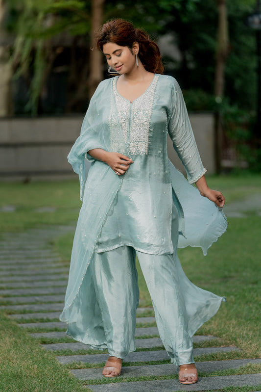 Ice Blue Grace - Top with Palazzo Pant and Dupatta