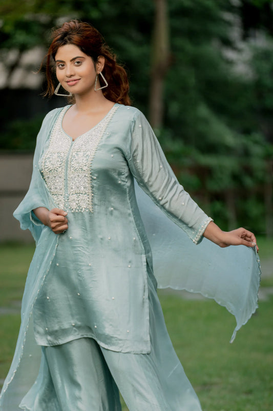 Ice Blue Grace - Top with Palazzo Pant and Dupatta