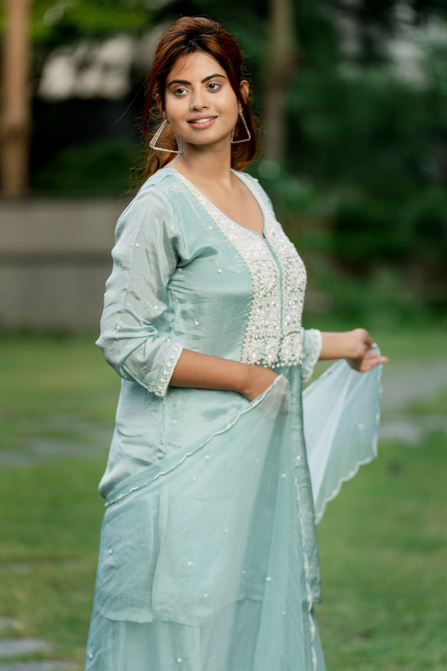 Ice Blue Grace - Top with Palazzo Pant and Dupatta