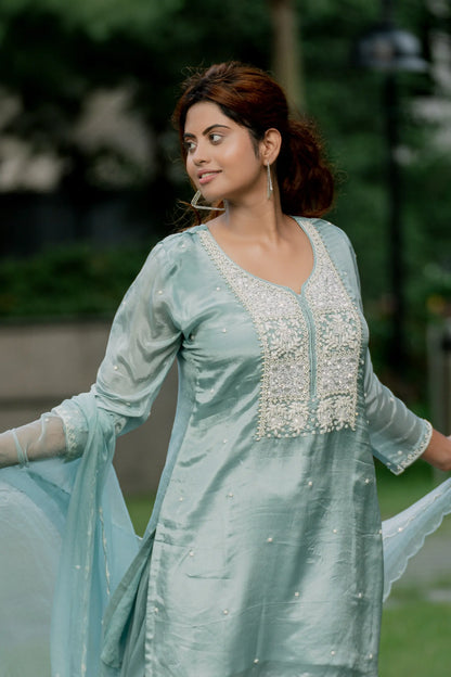 Ice Blue Grace - Top with Palazzo Pant and Dupatta