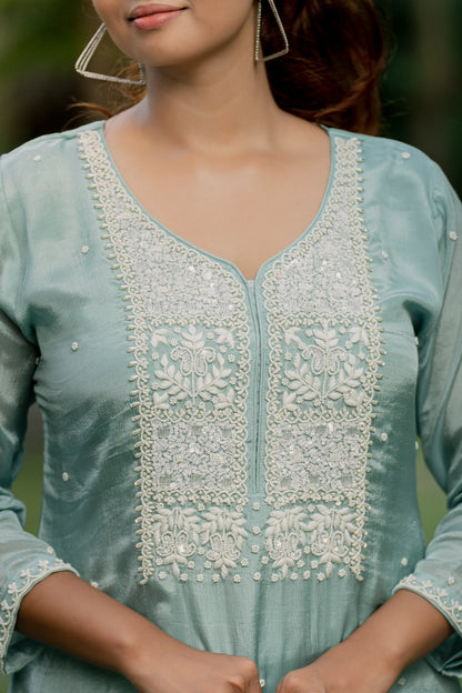 Ice Blue Grace - Top with Palazzo Pant and Dupatta